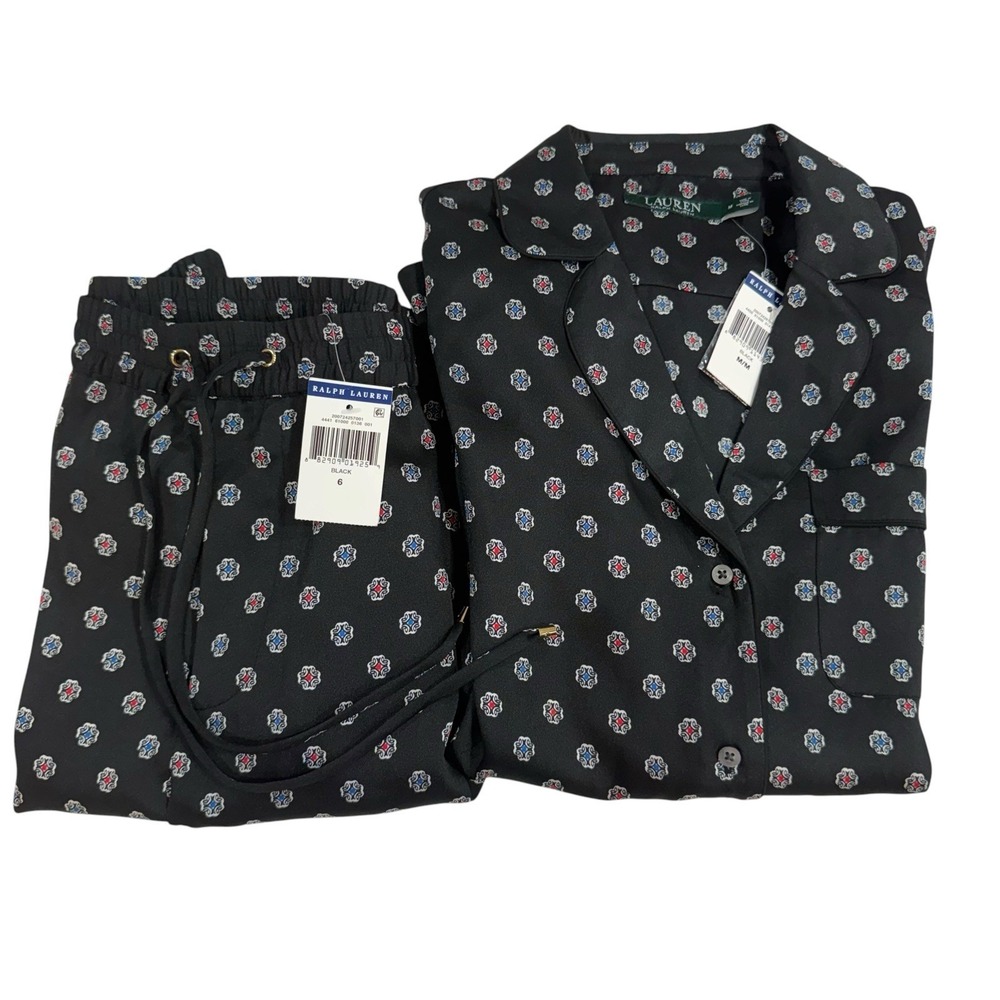 Lauren Ralph Lauren Pajama Set Women Size M Black NEW Medallion Button Down Top